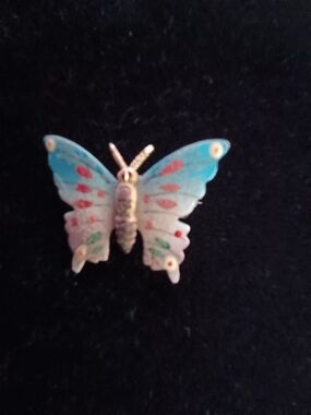 Vintage Hand Painted Enamel Butterfly Brooch - Blue, Pink & Gold Accent